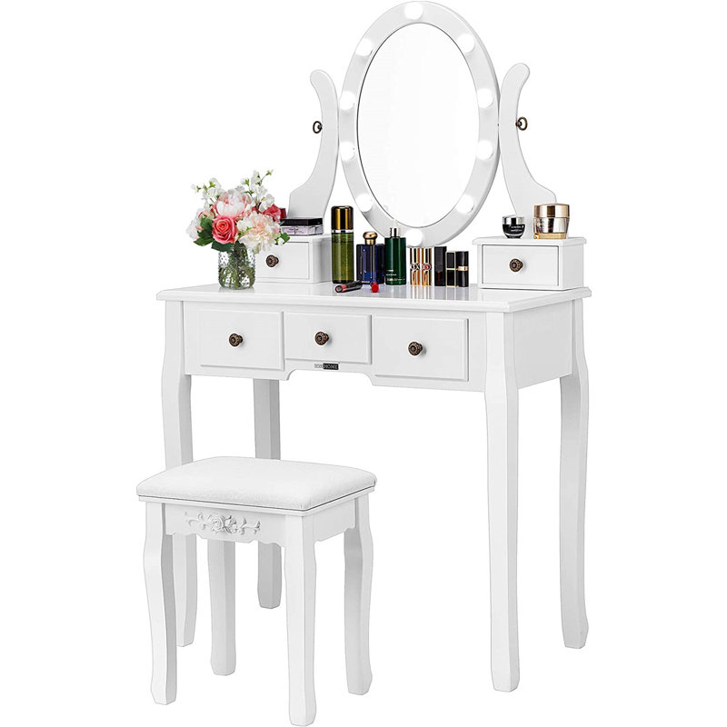 Hayter  Makeup Vanity Set with Rotating Lighted Mirror and Cushioned Stool, White