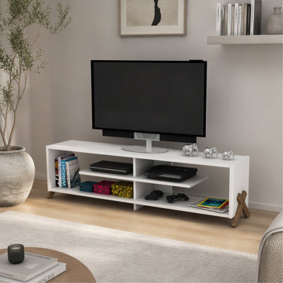 Meuble télé moderne du milieu du siècle, 4 étagères, rangement ouvert, pieds en bois, centre multimédia, unité TV basse de 57 pouces