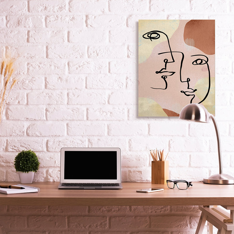«Mixed faces», dessin au trait abstrait, brun et jaune par Ziwei Li - impression, H 40 po x l 30 po x 1,5 po, Toile tendue