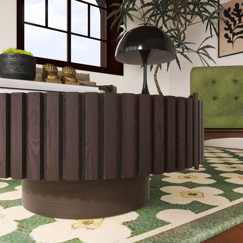 Handcrafted Relief Round Coffee Table, Black/Walnut