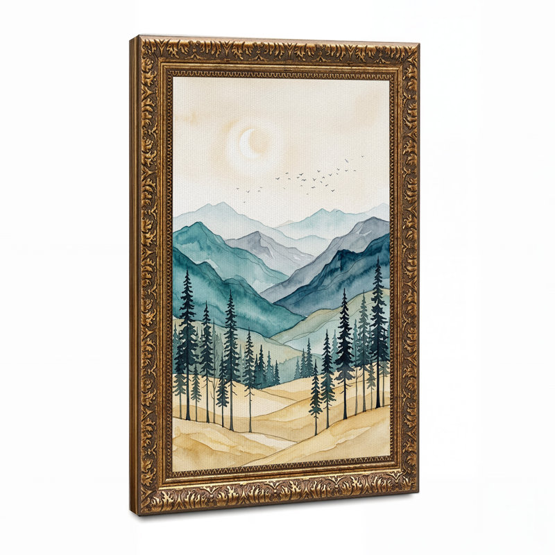 Art mural sur toile Teal Mountain Range with Pine Trees and Birds, H 24 po x l 16 po