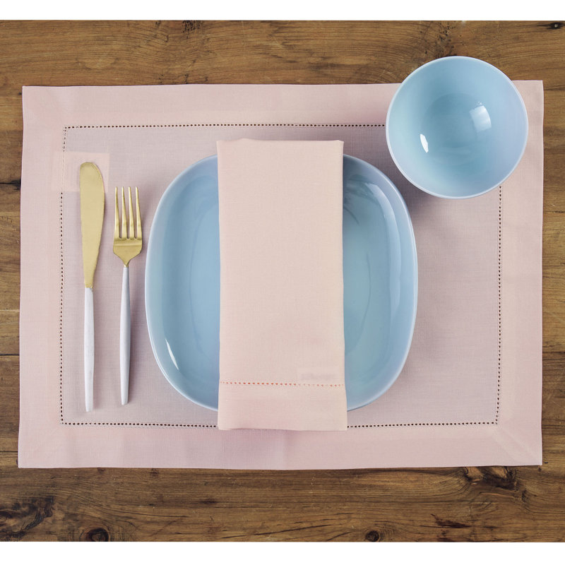 Cotton Linen Hemstitch Dinner Napkins, Pink