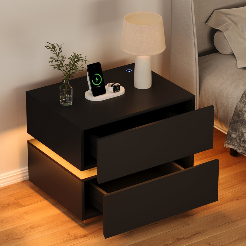 Modern Bedside Table With Wireless Charging USB Port And LED Light, Black