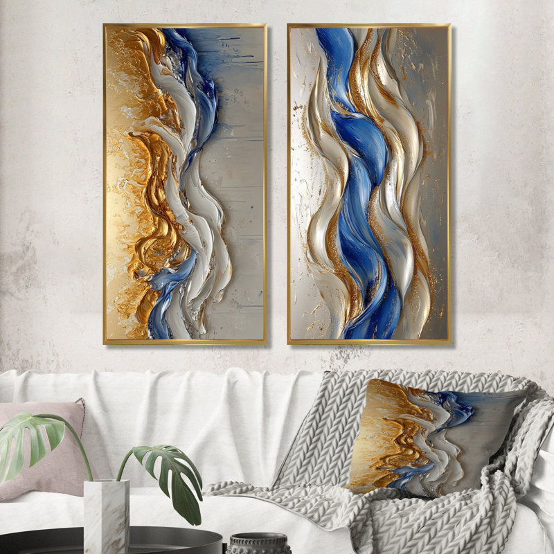 Encre dorée rythmique «Fusion I» - art mural abstrait 2 pièces, 40" H x 41" W, Cadre flottant doré