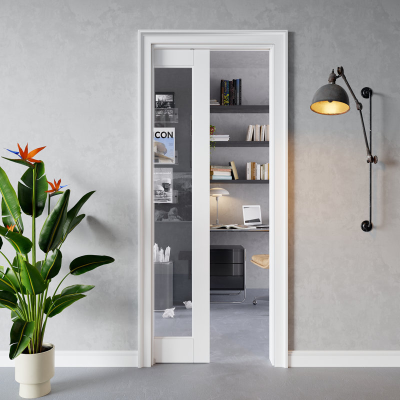 Porte intérieure coulissante à un battant en verre clair, en MDF CARB P2 et verre trempé SGCC, avec cadre renforcé et quincaillerie incluse, pour chambre à coucher, préfinie et imperméable, facile à teindre soi-même, idéale pour garde-manger, chambre, salle de bain et garde-robe, 91,4 cm x 203,2 cm