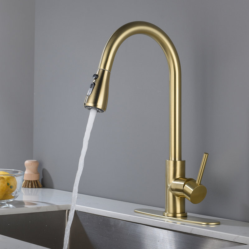 Single Lever Stainless Steel Kitchen Faucet With Pull - Out In Brushed Gold, Fitting A Wide Range Of Sinks, 360 Rotating High Arc Nozzle, Dirt Treatment, Aerators For Smooth And Splash Water Flow