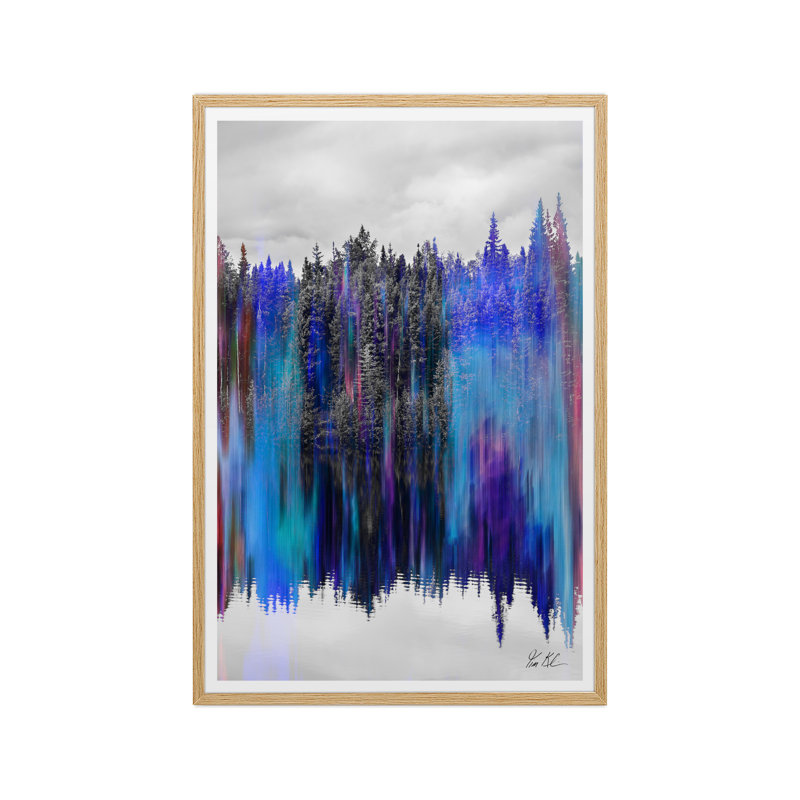 Paysage d'arbre réfléchissant en bleu, 52.75" H x 35.5" W x 1.5" D, Toile encadrée artisanale, Chêne