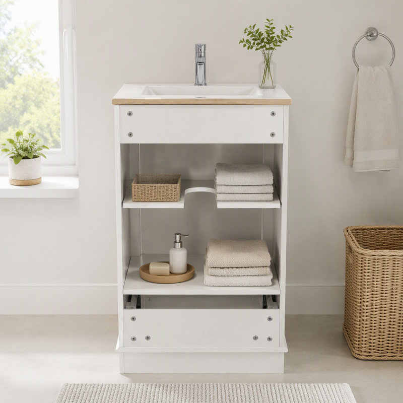 Meuble-lavabo de salle de bain avec porte à fermeture en douceur, tiroir et tablette réglable, Blanc
