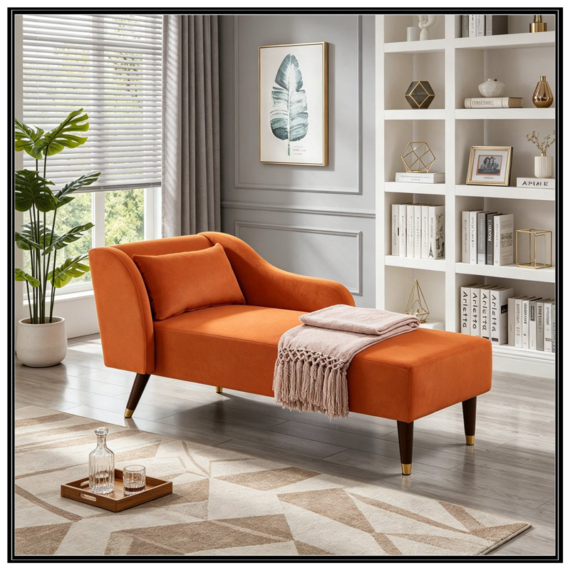 Chaise longue rembourrée en velours moderne avec coussin moelleux, Orange
