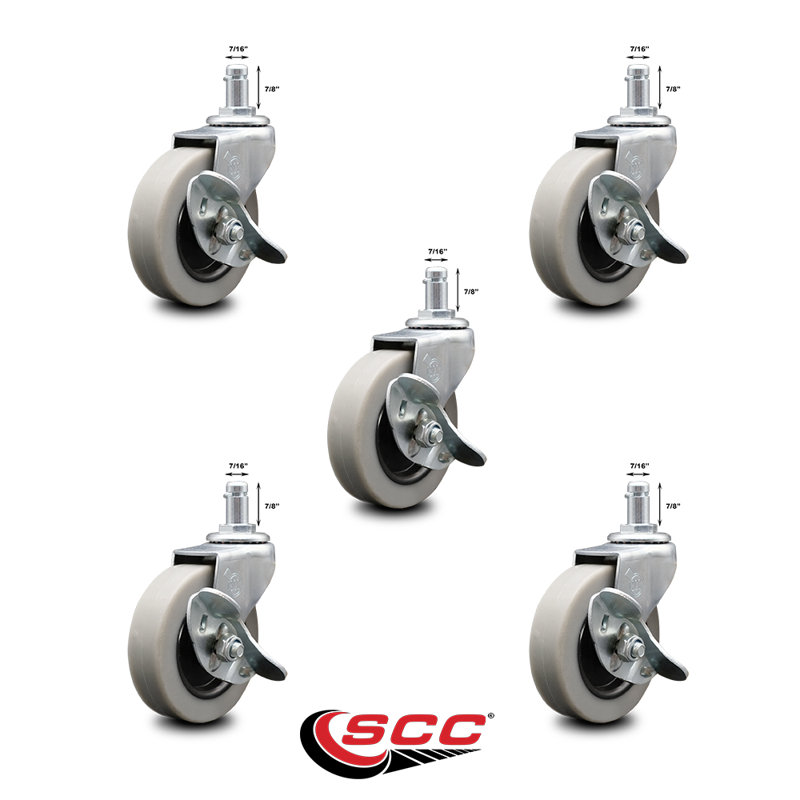 3 Inch Thermoplastic Wheel 7/8 Inch Grip Ring Stem Caster with Brakes Set of 5