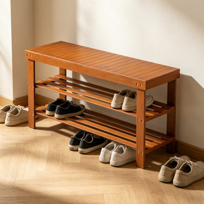 3-Tier Solid Wood Shoe Storage Bench, 34" Entryway Organizer With 2 Open Shelves, Water-Resistant Indoor/Outdoor Shoe Rack For Slippers, Sneakers & Heels, Brown Finish