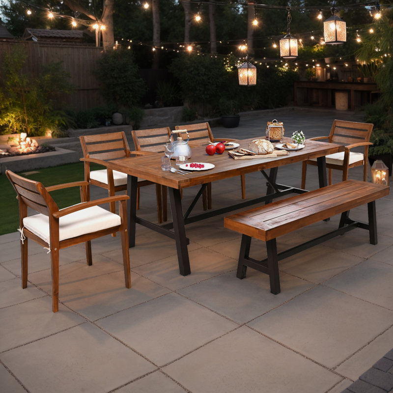 7-Piece Outdoor Soild Wood Dining Set, with 5 Ergonomic Chairs, Bench and Spacious Table for 7-8 Person
