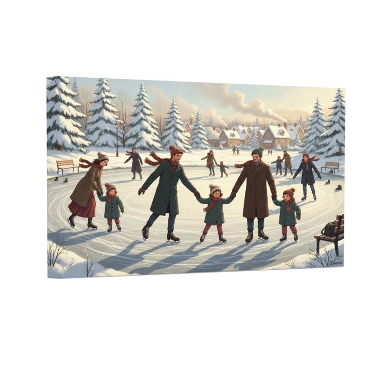 Scène de patinage sur glace Noël et famille, H 24 po x l 36 po