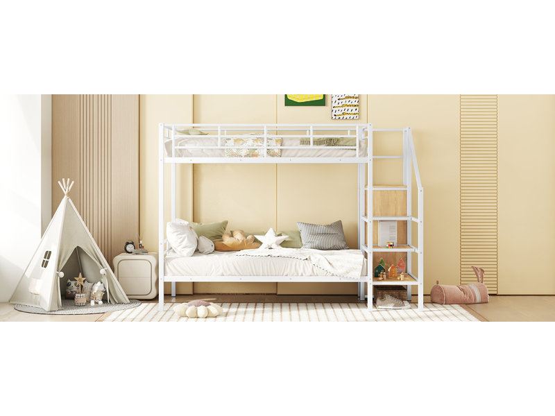 Lit superposé simple en métal avec échelle de rangement latérale et garde-robe, Blanc