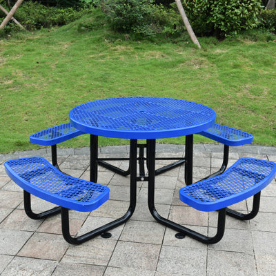 Table de pique-nique d'extérieur en acier de 46 po, bleu, avec porte-parapluie, pour les pique-niques, le camping, le barbecue, le support de table de pêche bleu, manger convenablement,