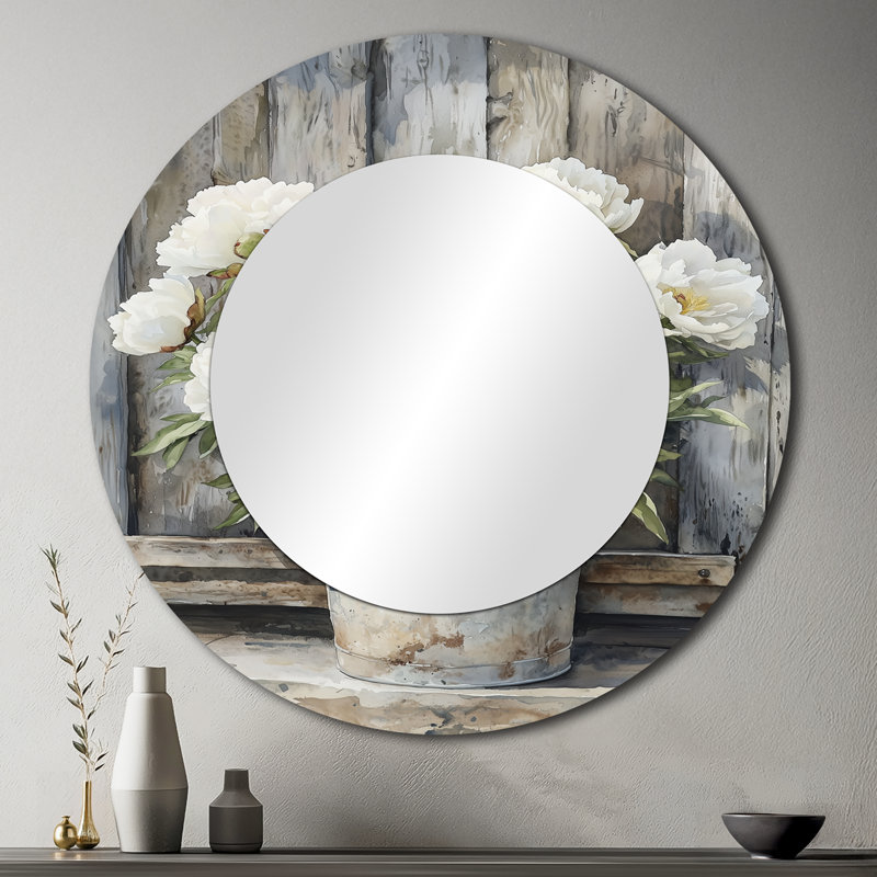Pivoines en pot Barnyard Bloom - art mural miroir floral - imprimé sur métal, 36 po x 36 po