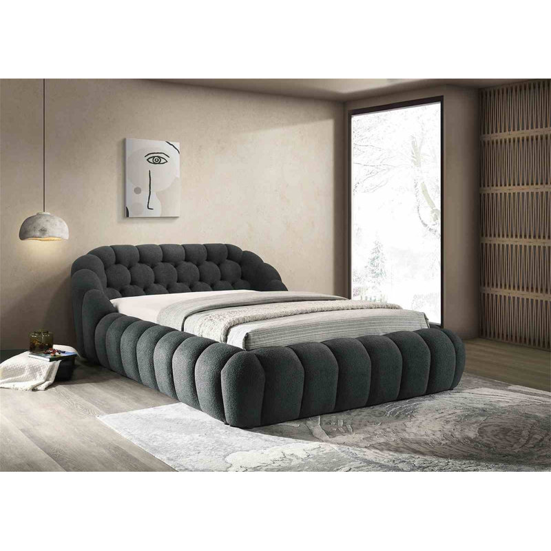 Lit de style oriental moderne capitonné en chenille capitonné / noir de style contemporain 1pc, Noir anthracite
