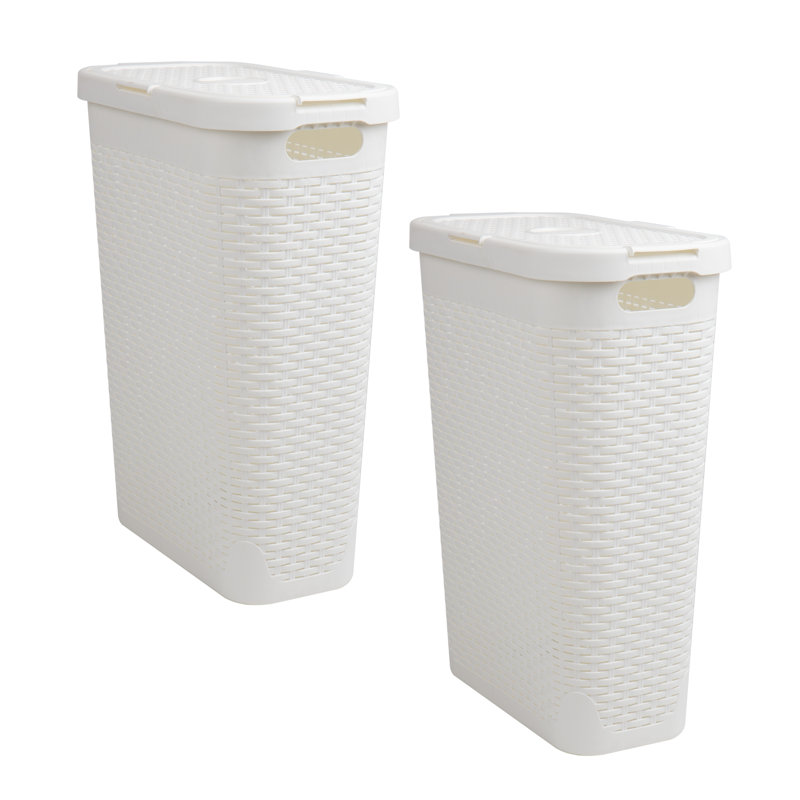 Slim Laundry Hamper, 40 Liter Capacity, Hinged Lid, 2 Pack, White, 18"D x 10.4"W x 23.5"H