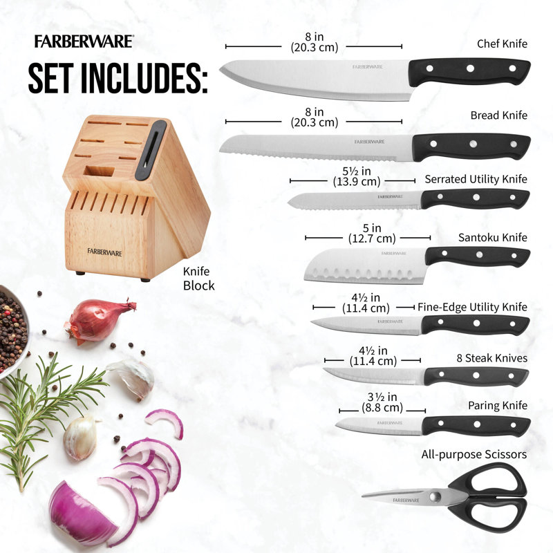 Farberware Edgekeeper 16-Piece Triple Rivet Stainless Steel Knife Block Set with Built-In Sharpener