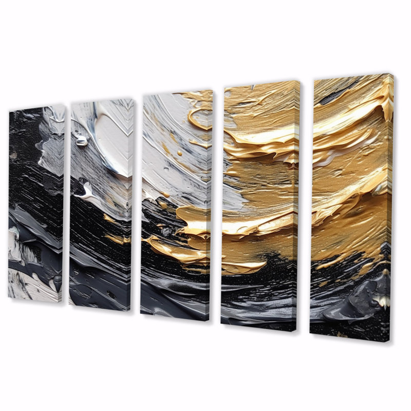 «Gold Black Spiral Illusions I», reproduction sur toile à spirales abstraites - 5 panneaux égaux