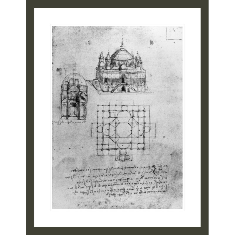 Conception pour une église. «4r (pen & amp; encre sur papier)» par Leonardo Da Vinci, impression giclée encadrée