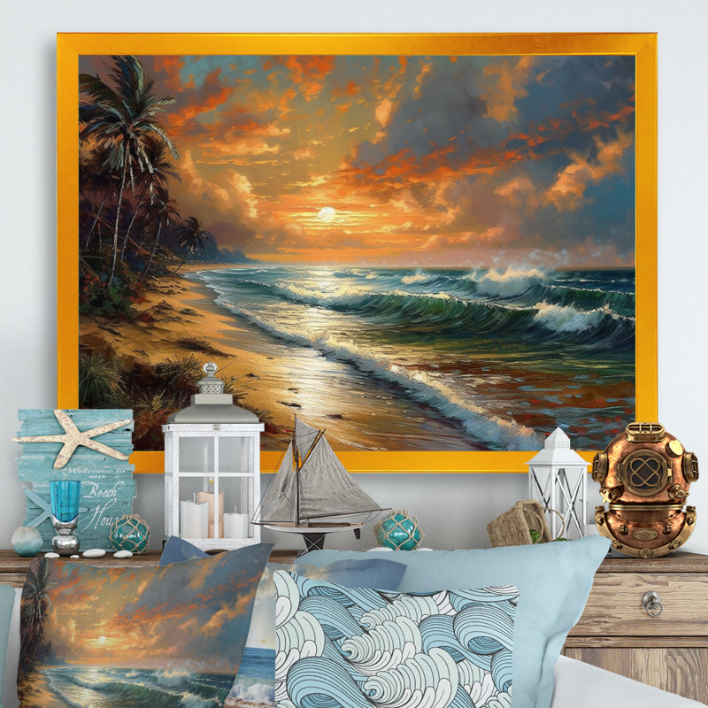 Orange et vert bord de mer Serenity I - art mural plage, salon, H 12 po x l 20 po x P 1 po