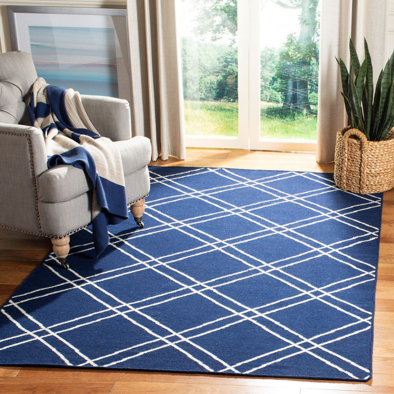 Rodgers Hand Woven Flat Weave Wool/Cotton Geometric Rug in Blue/Ivory, Rectangle 6' x 9'