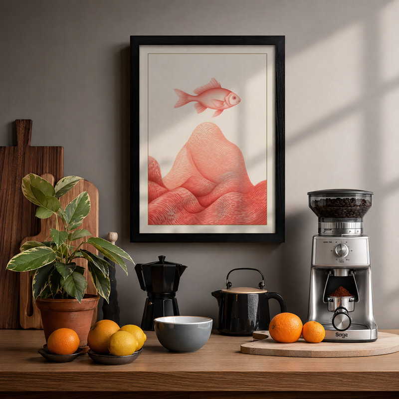 Floating Fish in Coral Boho - Framed Print, A1 - 84.1 x 59.4 cm, Black