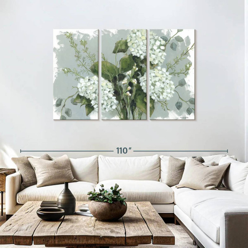 Hortensias Harnek en blanc, H 48 po x l 74 po