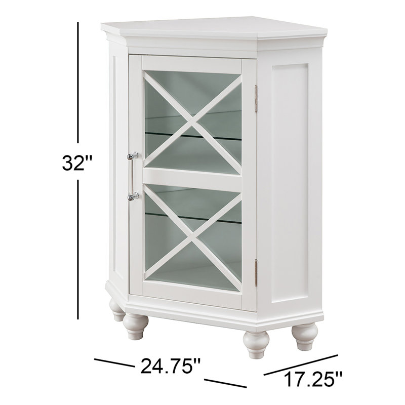 Armoire de rangement de coin de plancher autoportante avec porte en verre trempé et tablettes réglables en verre Prader