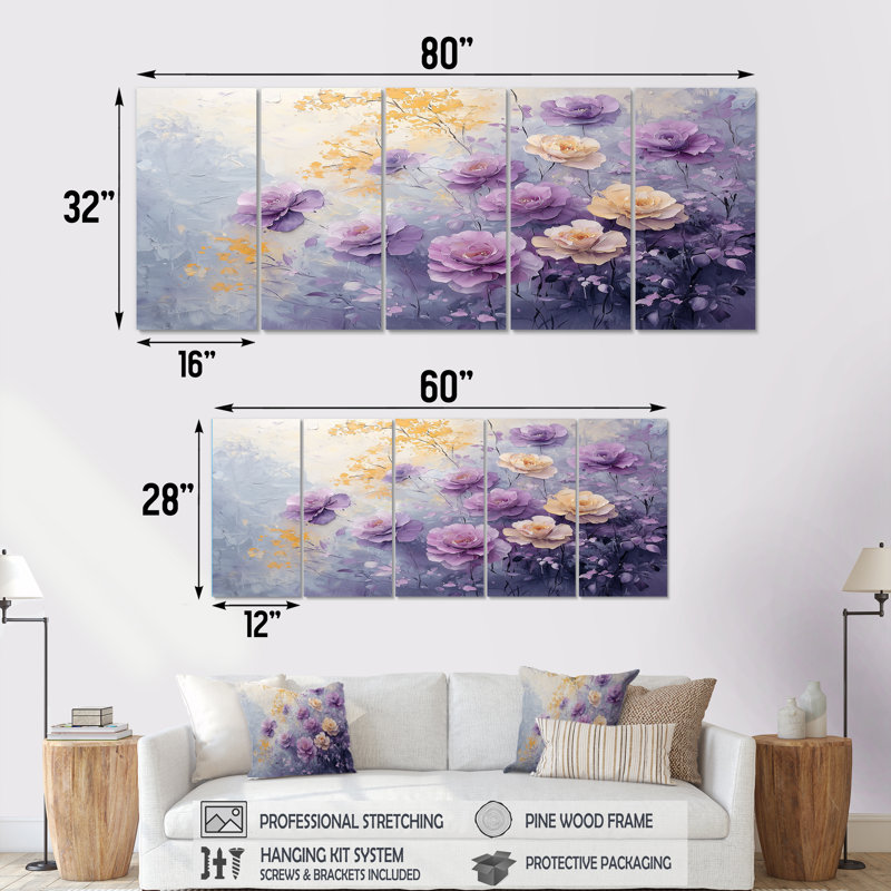Éclat délicat de rose lavande - - Décoration murale roses - Art mural moderne Decor, H 28 po x l 60 po, 5
