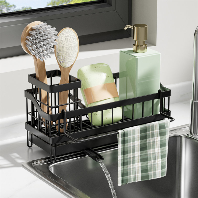Wall-Mounted Sink Organizer Rack With Long Brush And Sponge Holder