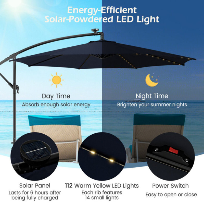 Coffee 10FT Solar-Lighted Cantilever Offset Patio Umbrella
