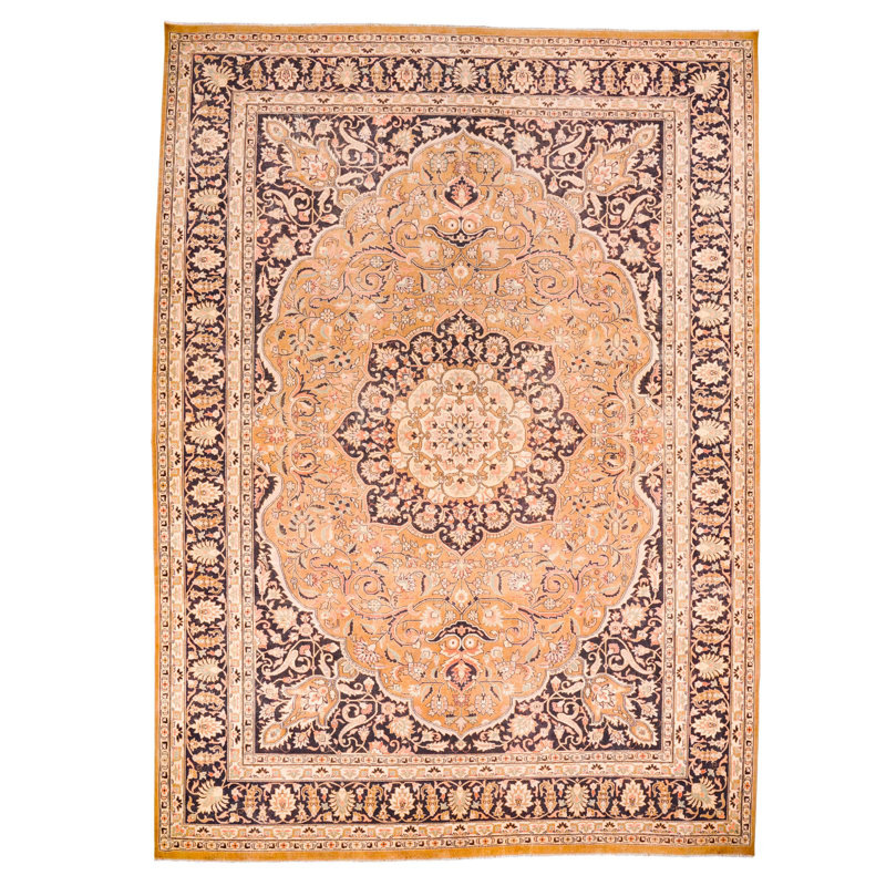 Tapis turc Oushak beige et noir rétro fait à la main 10 x 14