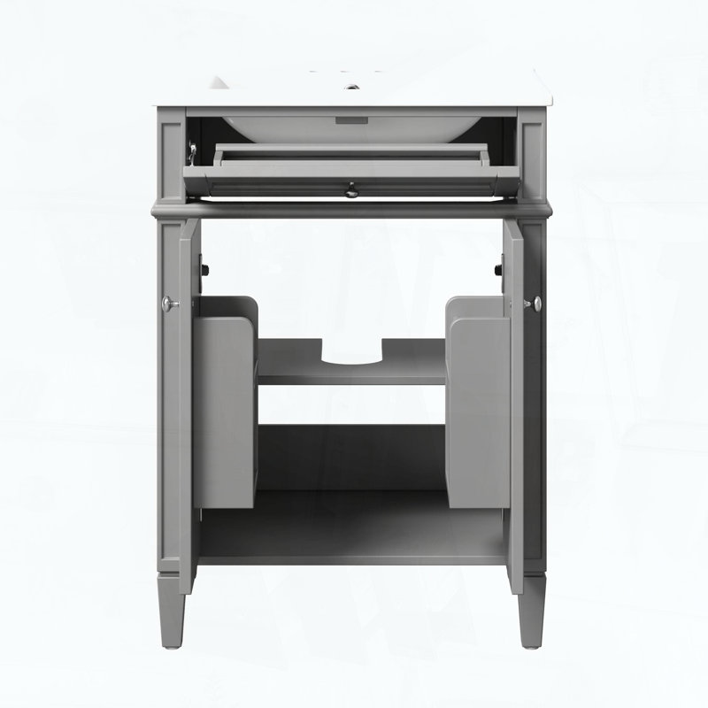 Meuble-lavabo avec lavabo en céramique, deux portes à fermeture amortie, tiroirs et rangements de porte basculants, gris