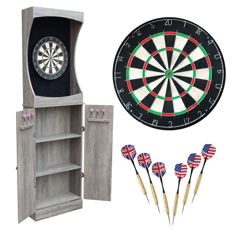 Hathaway Westwood 18-in Bristle Dart Board and Cabinet Set – Includes Self Healing Sisal Board, 2 Dart Holders, 6 Steel-Tip Darts, & Mounting Hardware – Dartboard Cabinet Set - Driftwood