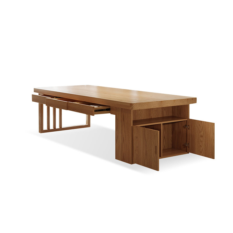 Brown Rectangular Solid Wood with 6 drawers desk, 29.53" H x 78.74" W x 31.5" D