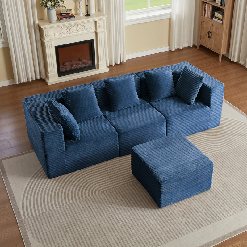 Canapés sans ossature apparente pour salon, canapé d'angle modulaire moderne, Blue Corduroy, 26.7" H x 102.3" W x 65" D