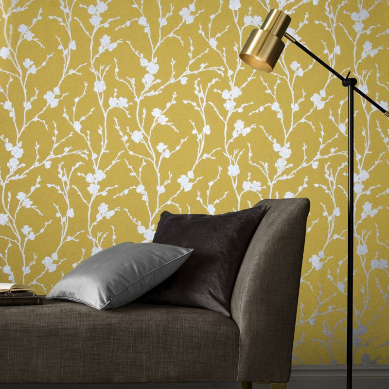 Meiying Floral Metallic Wallpaper Roll, Saffron