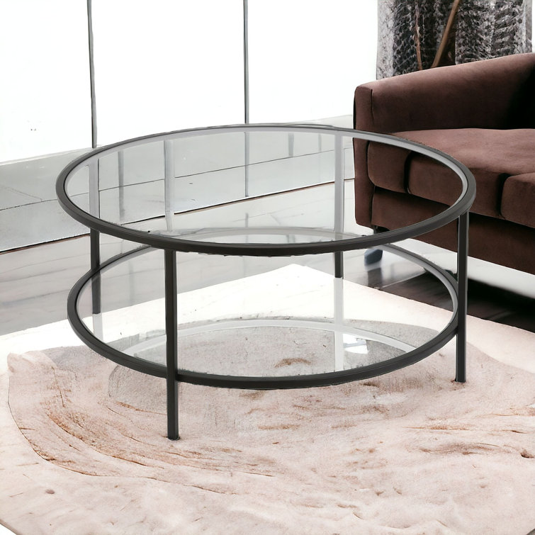 Ceno 36" Glass And Steel Round Coffee Table With Shelf