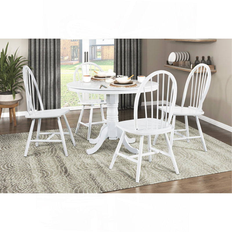 White Finish 5Pc Round Dining Table Set With 4 Windsor Chairs Farmhouse Style Wooden Furniture Casual Dining Kitchen Breakfast Nook