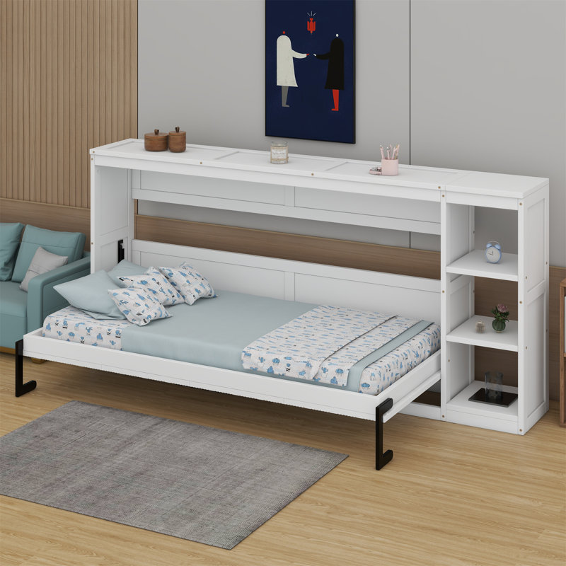 Murphy Bed With Bookshelf, White, Twin