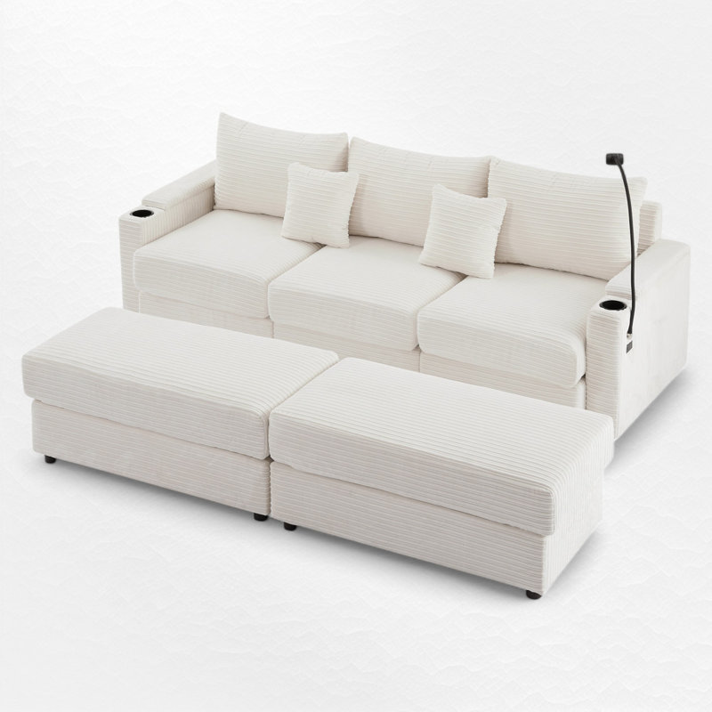 Canapé modulaire 4 pièces Demostene, Velours côtelé beige