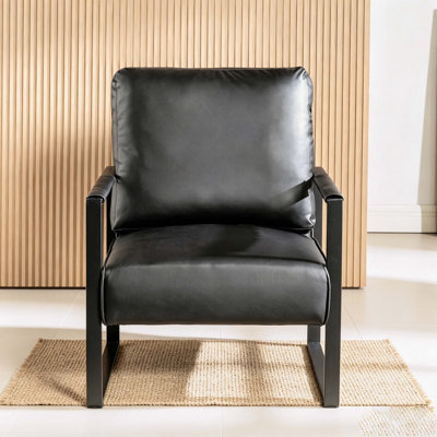 Chaise d'appoint classique de style Mid-Century moderne avec structure carrée en métal durable, fauteuil pour le salon, la chambre à coucher, le bureau personnel en revêtement de microfibre tacheté, cuir PU noir