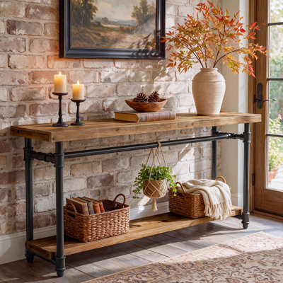 Console de 63 po en bois massif, table de vestibule avec rangement et structure en métal, table basse de salon Farmhouse