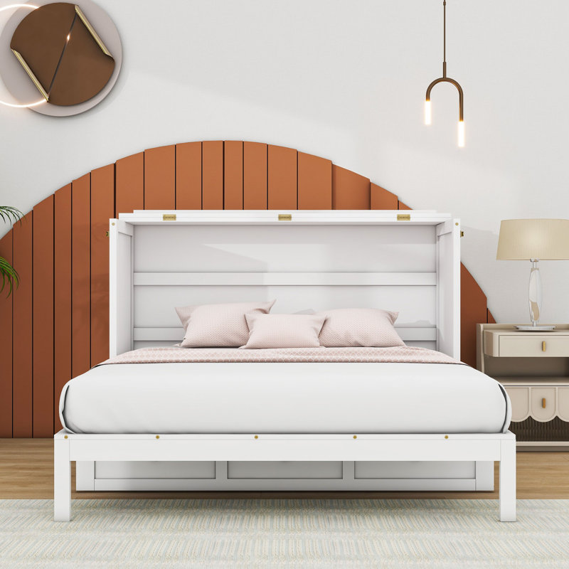 Wood Murphy Bed with Drawers, White, Queen