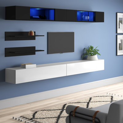 Chanera 126" Modern Floating Wall Mounted Entertainment Center with 16-Color LED Lighting, High Gloss Finish