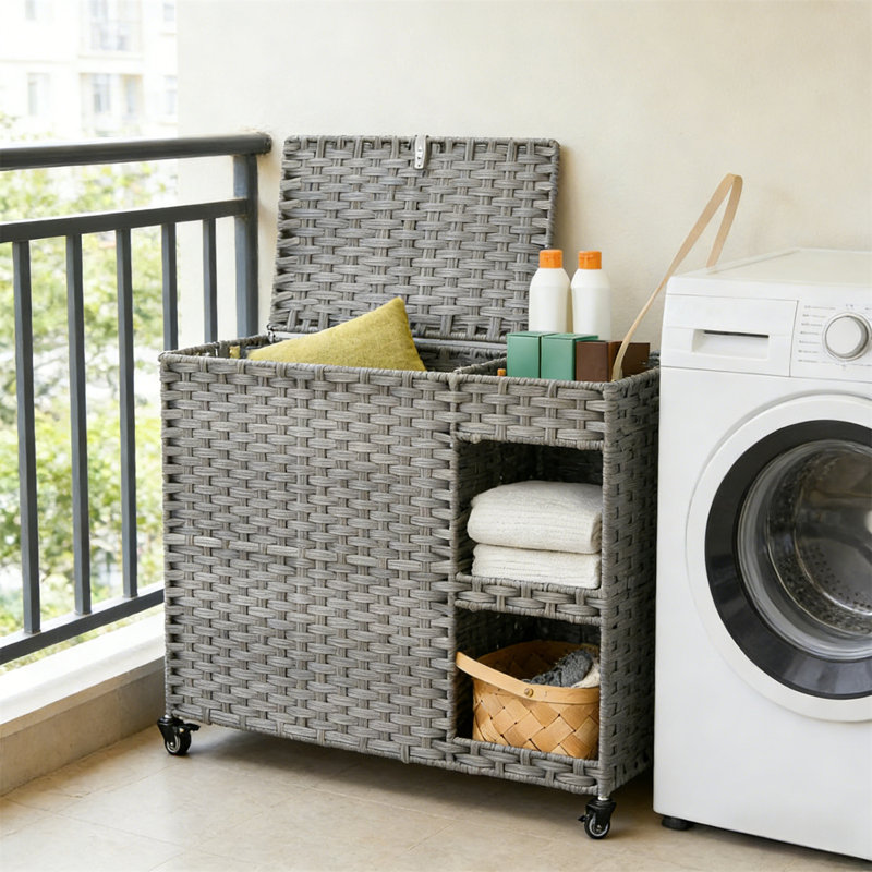 Laundry Cart, Wheeled Laundry Basket, Clothing Sorting Basket With Partitions, Rattan Material, Equipped With 4 Detachable Liners And 3 Mesh Bags,