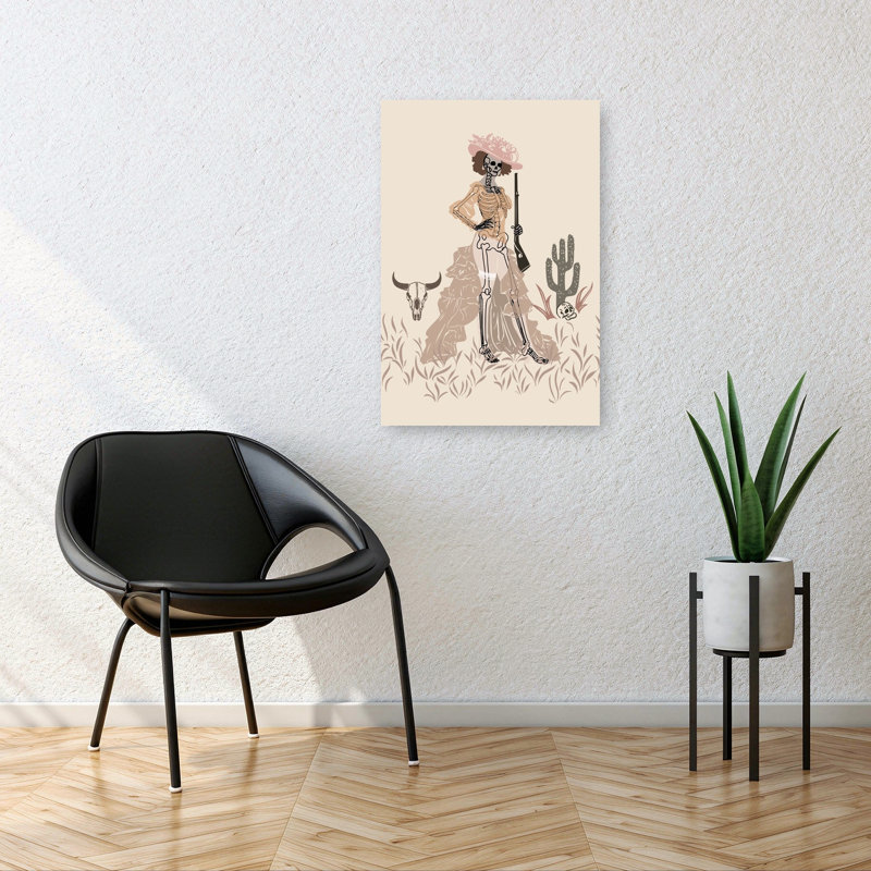 Elegant Skeleton Cowgirl Elegant Gothic Vintage Bull Cactus Landscape Nature Wall Art Print 1 Piece Wrapped Canvas Wall Art
