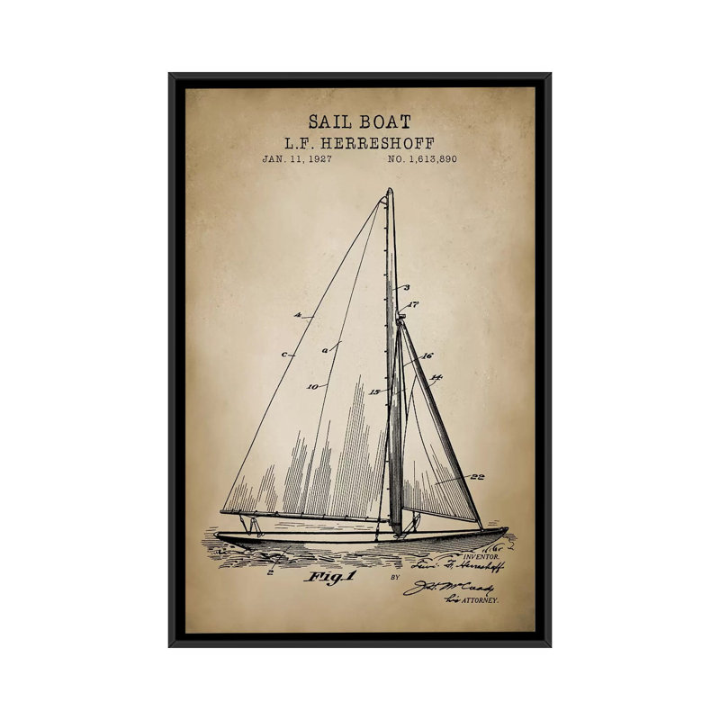 «Nautical, Sailboat», impression sur toile, H 26 po x l 18 po x P 1,5 po, Toile avec cadre noir, Pas de tapis